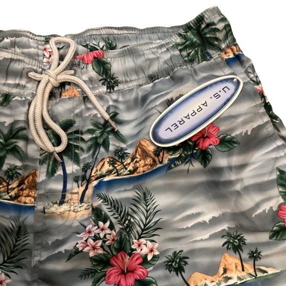 US Apparel Men's Tropical Hawaiian Swim Trunks Shorts Aloha Palm Tree Flowers L - Picture 2 of 5